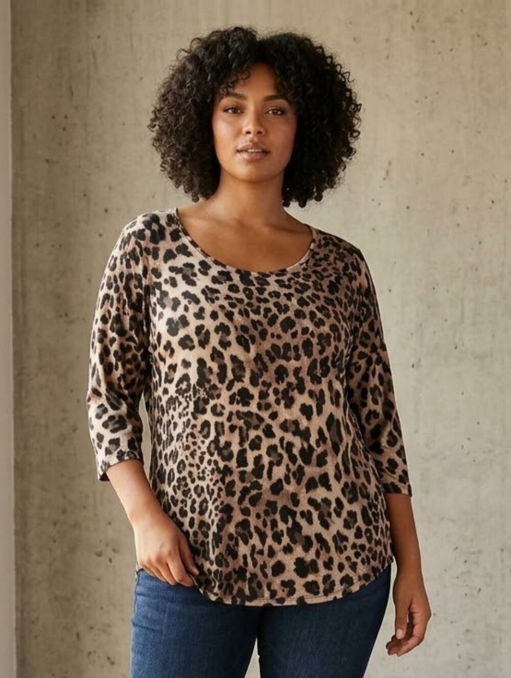 JM Collection Womens Large Leopard Print Top 3/4 Sleeve Scoop Neck Shirt Item